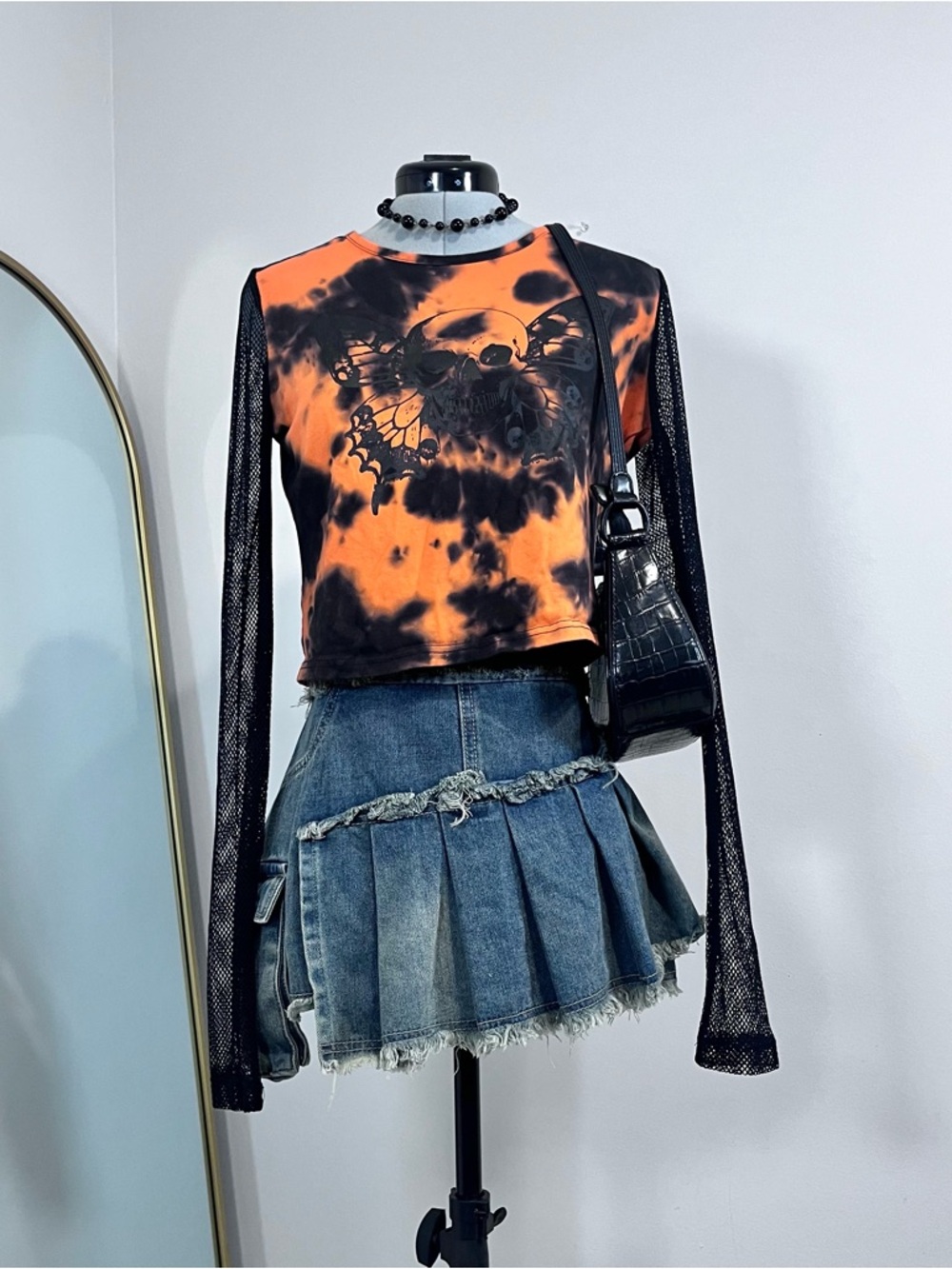 Social Collision Orange/Black Tie-Dye Winged Skull Fishnet Sleeves Crop Top